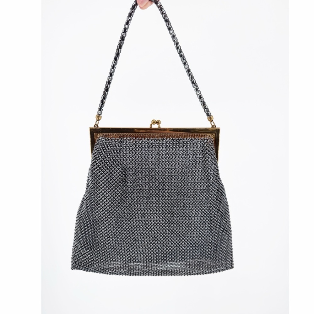 Vintage 50s Whiting & Davis Black Gunmetal Mesh Gold Frame Handbag